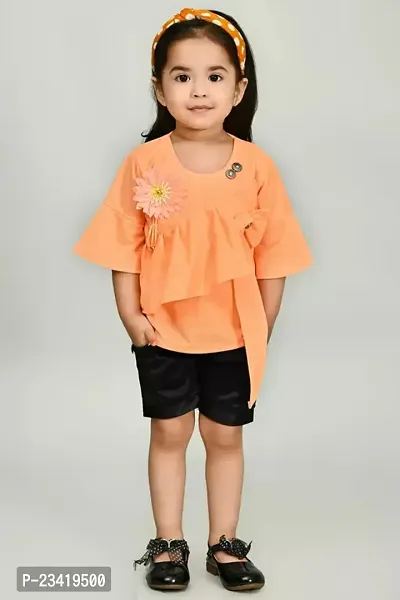 Elegant Peach Self Pattern Cotton Blend Top with Short Set For Girls