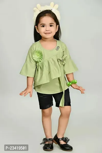 Elegant Green Self Pattern Cotton Blend Top with Short Set For Girls