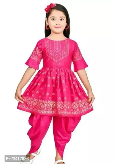 Elegant Pink Cotton Blend Embroidered Kurta with Dhoti Pyjama Set For Girls-thumb0