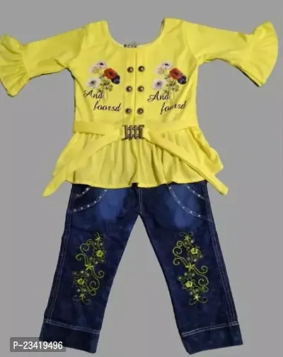 Elegant Yellow Embroidered Cotton Blend Top with Jeans Set For Girls