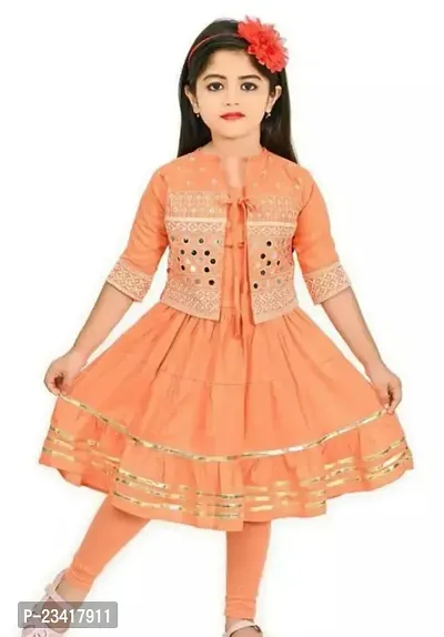 Elegant Peach Crepe Embroidered Kurta with Leggings And Jacket Set For Girls