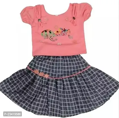 Elegant Peach Self Pattern Cotton Blend Top with Skirt Set For Girls