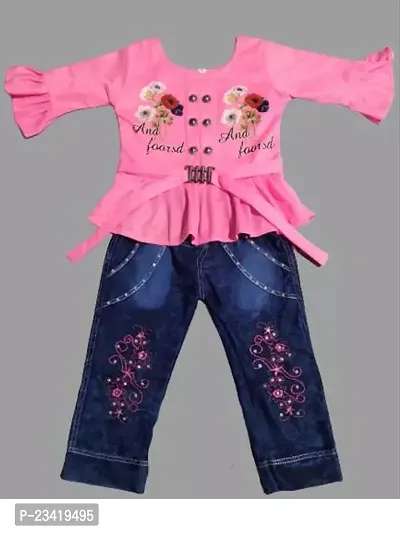 Elegant Pink Embroidered Cotton Blend Top with Jeans Set For Girls-thumb0