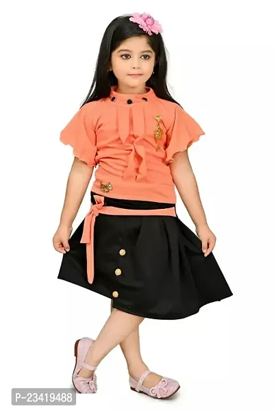 Elegant Peach Solid Crepe Casual Top with Skirt Set For Girls