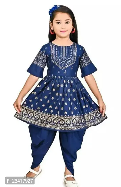 Elegant Navy Blue Cotton Blend Embroidered Kurta with Dhoti Pyjama Set For Girls