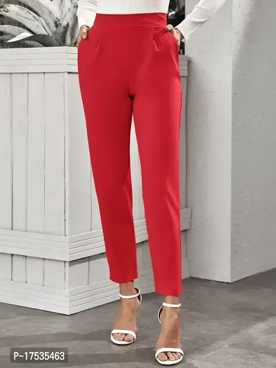 Stylish Red Poly Lycra Solid Trousers For Women