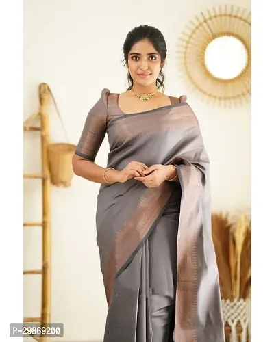 Elegant grey Silk Blend Saree with Blouse piece For Women