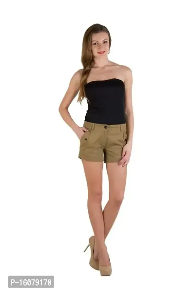 Playwear Womens Cotton Lycra Regular Fit Casual Solid Mini Shorts (Brown, Size - 28)_103024-28-thumb0