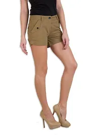 Playwear Womens Cotton Lycra Regular Fit Casual Solid Mini Shorts (Brown, Size - 28)_103024-28-thumb3