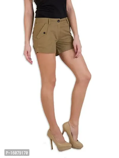 Playwear Womens Cotton Lycra Regular Fit Casual Solid Mini Shorts (Brown, Size - 28)_103024-28-thumb4