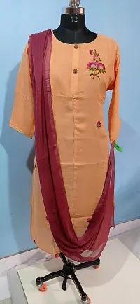 Stylish Chanderi Silk Straight Embroidered Kurta with Bottom &amp; Dupatta Set