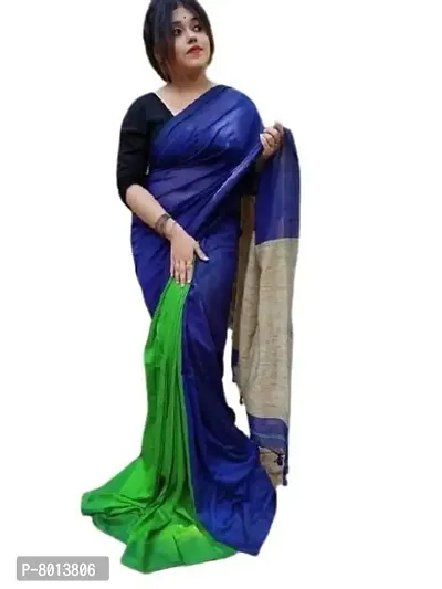 Biswa Women's Cotton Silk Cotton Saree With Blouse Piece (Saree_Green, Blue)-thumb0