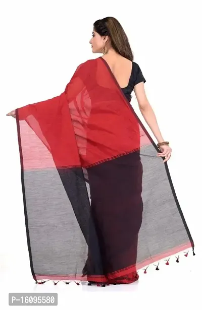 BRYNBRIT Women's Handloom Pure Cotton Saree With Unstiched Blouse Piece (Red Black)-thumb2