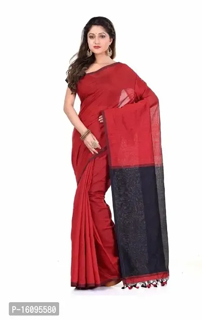 BRYNBRIT Women's Handloom Pure Cotton Saree With Unstiched Blouse Piece (Red Black)-thumb0