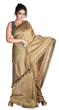 BRYNBRIT Khadi Cotton Bengal Traditional Saree With Running Blouse Pieces | Khadi Cotton Handloom Saree in Multiple Colors with Running Blouse Piece, 5.5 meters (Brown)-thumb2