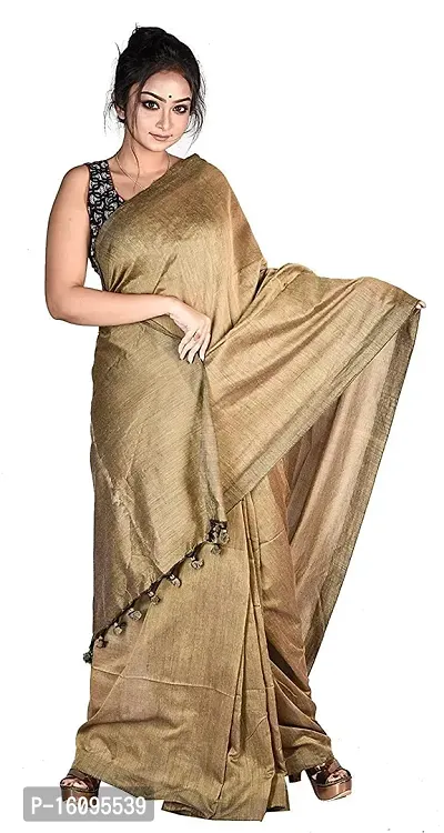 BRYNBRIT Khadi Cotton Bengal Traditional Saree With Running Blouse Pieces | Khadi Cotton Handloom Saree in Multiple Colors with Running Blouse Piece, 5.5 meters (Brown)-thumb3