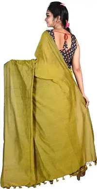 BRYNBRIT Khadi Cotton Bengal Traditional Saree With Running Blouse Pieces | Khadi Cotton Handloom Saree in Multiple Colors with Running Blouse Piece, 5.5 meters (Mustard)-thumb1