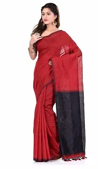 BRYNBRIT Women's Handloom Pure Cotton Saree With Unstiched Blouse Piece (Red Black)-thumb2