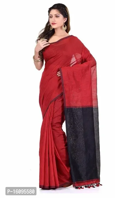 BRYNBRIT Women's Handloom Pure Cotton Saree With Unstiched Blouse Piece (Red Black)-thumb3