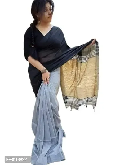 Biswa Women's Cotton Silk Cotton Saree With Blouse Piece (Saree_Grey, Black)