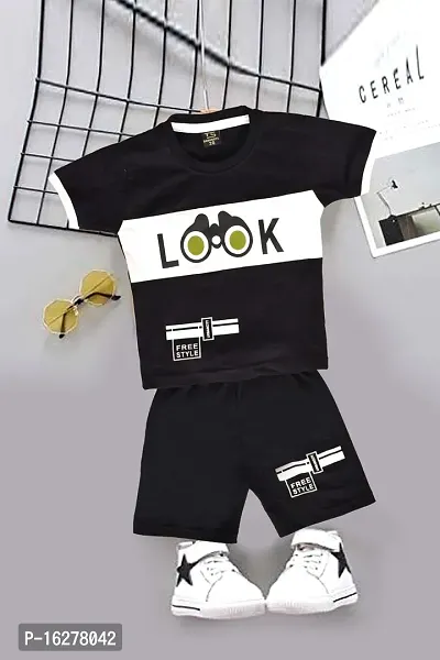 Black Cotton T Shirt and Shorts Set for Boys-thumb0