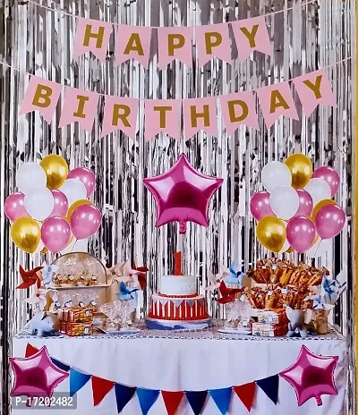 Happy Birthday Pink Decorations for Girls - 31 Pcs Birthday Decoration Items/Birthday Bunting Golden Foil Curtain Metallic Confetti Balloons/Birthday Decoration Kit