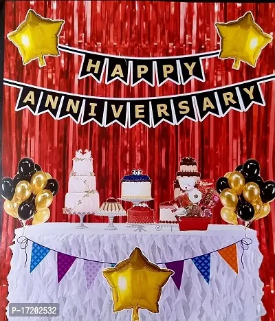 Happy Anniversary Decorations 31 Pcs Anniversary Decoration Items/Anniversary Bunting Red Black Foil Curtain Metallic Confetti Balloons/Anniversary Decoration Kit