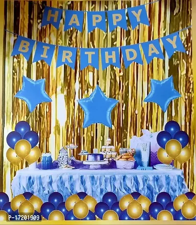 Happy Birthday Blue Decorations for Boys- 31 Pcs Birthday Decoration Items/Birthday Bunting Golden Foil Curtain Metallic Confetti Balloons/Birthday Decoration Kit