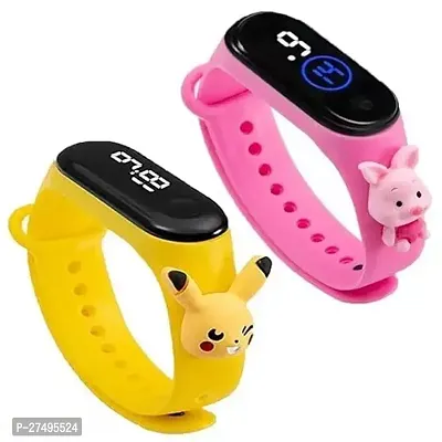 LED Watch Combo of -2 Cute Cartoon Character Yellow Pink Waterproof LED Kids Watches for Boys  Girls