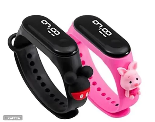 LED Watch Combo of -2 Cute Cartoon Character Black Pink Waterproof LED Kids Watches for Boys  Girls-thumb0