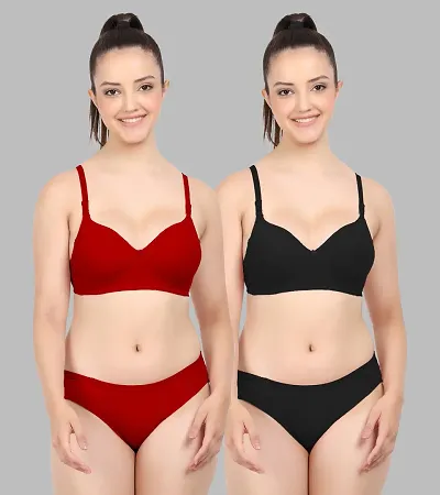 Elegant Self Pattern Bras And Panty Set For Women- Pack Of 2