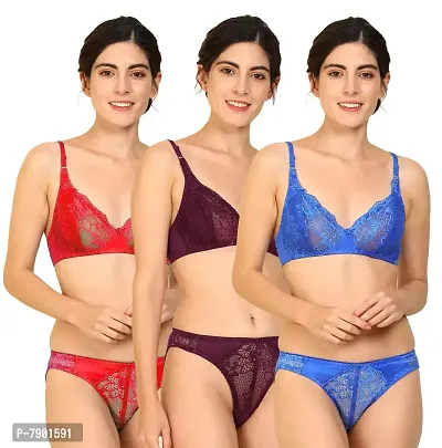 Fashion Comfortz Women Net Bra Panty Set for Lingerie Set ( Pack of 3 ) ( Color : Red,Maroon,Blue ) ( Pattern : Floral Print ) ( Size : 30 ) ( SKU : Set Hira_Red,Maroon,Blue )