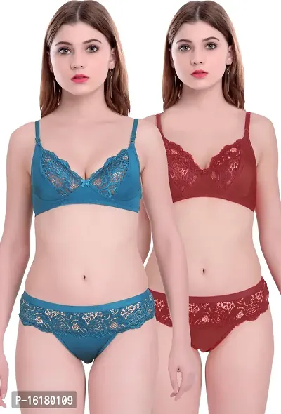 Stylish Net Self Pattern Bra And Panty Set For Women- Pack Of 2-thumb0