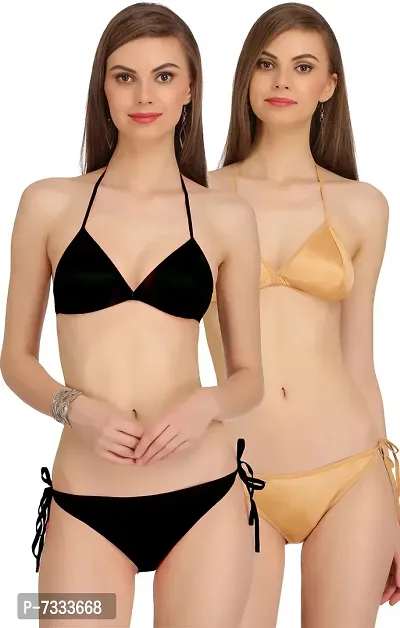 PIBU-Women's Satin Bikini Bra Panty Set for Women Lingerie Set Sexy Honeymoon Undergarments ( Color : Black,Gold )( Pack of 2 )( Size :36) Model No : Satan et-thumb0