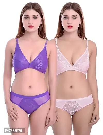 PIBU-Women's Cotton Bra Panty Set for Women Lingerie Set Sexy Honeymoon Undergarments ( Color : Purple,Pink )( Pack of 2 )( Size :32) Model No : Safal et