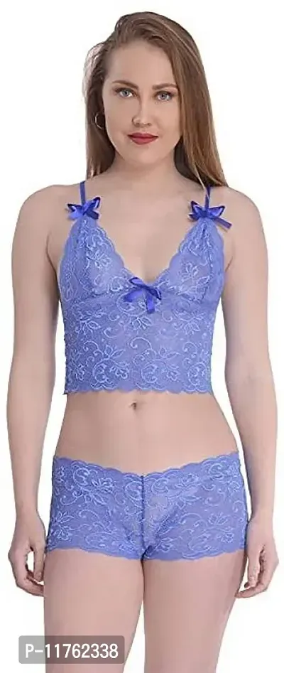 Buy Stylish Blue Net Self Pattern Bra And Panty Set For Women