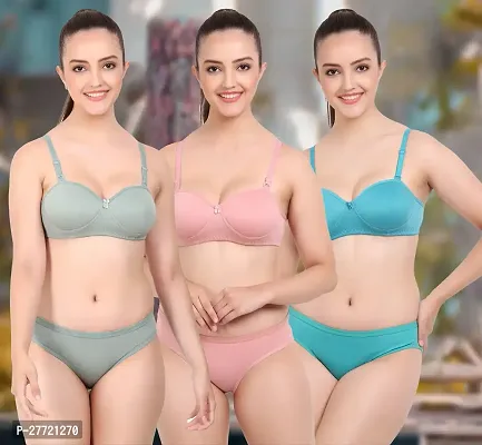 Women Cotton Bra Panty Set for Lingerie Set Pack of 3  Color : Green,Pink,R-Blue-thumb0