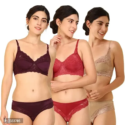 Fashion Comfortz-Women's Cotton Bra Panty Set for Women Lingerie Set Sexy Honeymoon Undergarments (Pack of 3)(Size :34) Model No : Stich_M,R,Br-thumb0