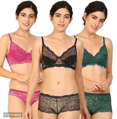 Women Cotton Bra Panty Set for Lingerie Set Pack of 3  Color : Pink,Black,Green-thumb0