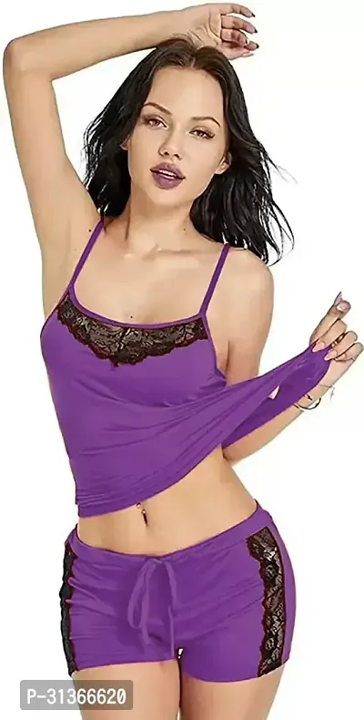 Women Purple Designed Babydoll Sexy Lingerie Set Honeymoon Nighty Anniversary Night Dress