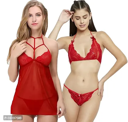 Elegant Red Net  Baby Dolls For Women Pack Of 2