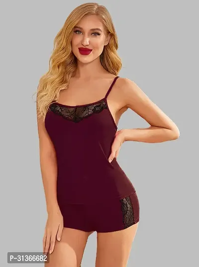 Women Maroon Designed Babydoll Sexy Lingerie Set Honeymoon Nighty Anniversary Night Dress-thumb0