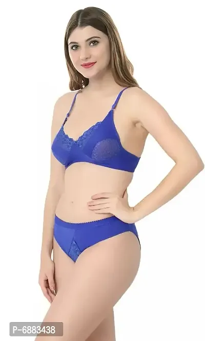 Elegant Cotton Self Pattern Lingerie Set For Women - Blue-thumb3