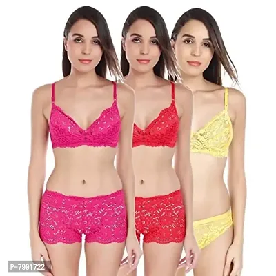 Fashion Comfortz Women Bra Panty Lingeries Set Regular Plain/Solid Fc_NIKKARR Pink::Red::Yellow_32_NIKKARRSet