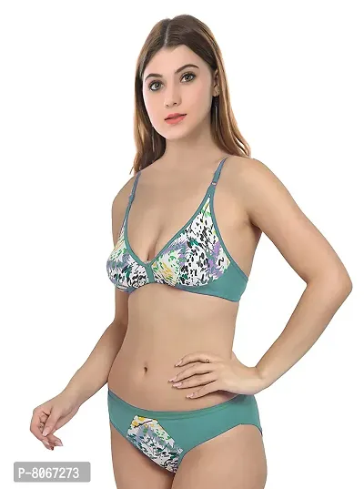 Stylish Cotton Self Pattern Bra And Panty Set For Women- Green-thumb3