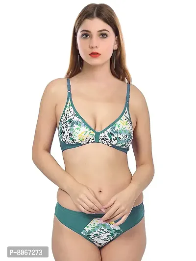 Stylish Cotton Self Pattern Bra And Panty Set For Women- Green-thumb0