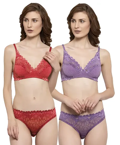 Elegant Net Self Pattern Bras And Panty Set For Women- Pack Of 2