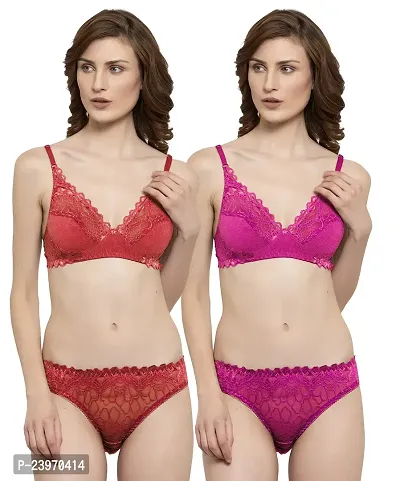 Elegant Net Self Pattern Bras And Panty Set For Women- Pack Of 2-thumb0