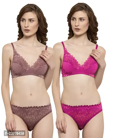 Elegant Net Self Pattern Bras And Panty Set For Women- Pack Of 2