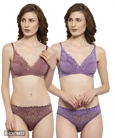 Elegant Net Self Pattern Bras And Panty Set For Women- Pack Of 2